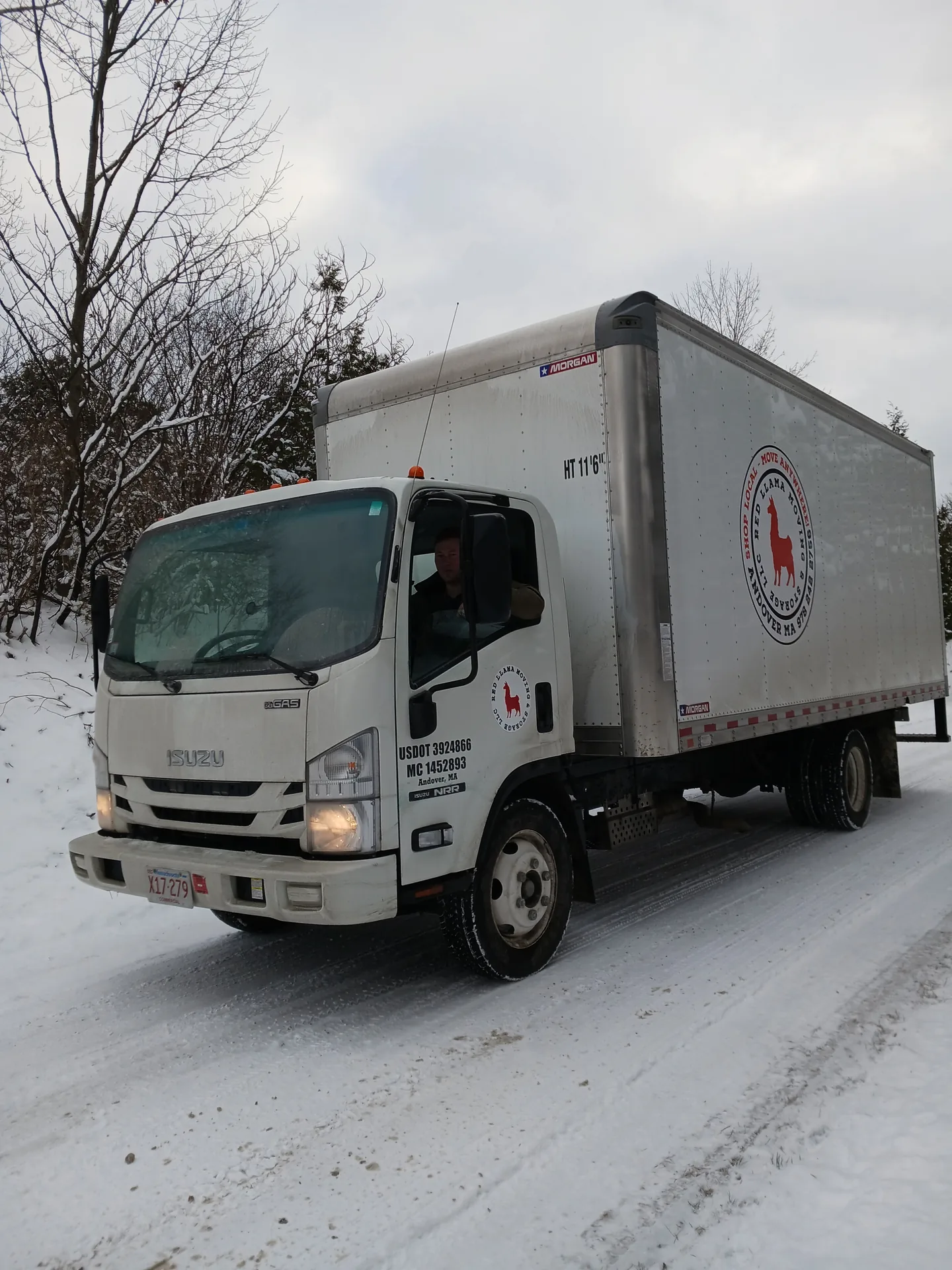 Red Llama moving truck traveling on a snow-lined road.